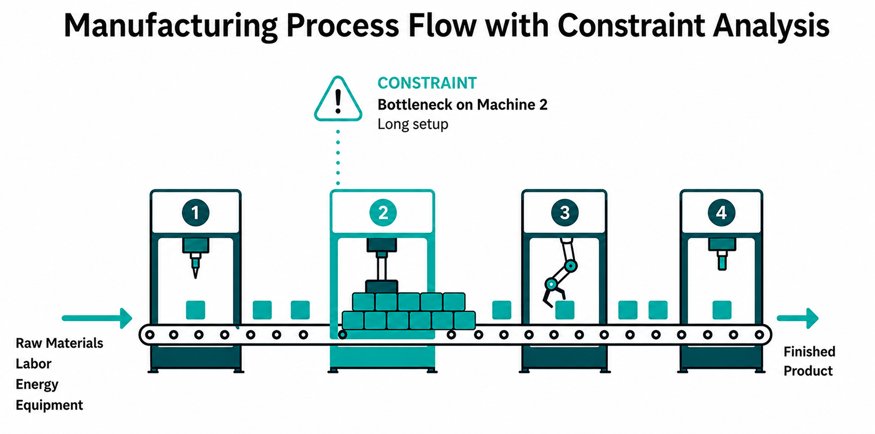 Manufacturing process flow showing four production stages, with Machine 2 identified as the current constraint due to a long setup time, illustrating how bottlenecks limit throughput.